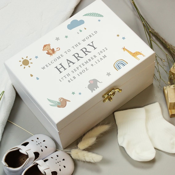 Personalised Safari Animals White Wooden Keepsake Box - Christmas Gift - New born Gift - Birthday Gift - 1st Birthday Gift