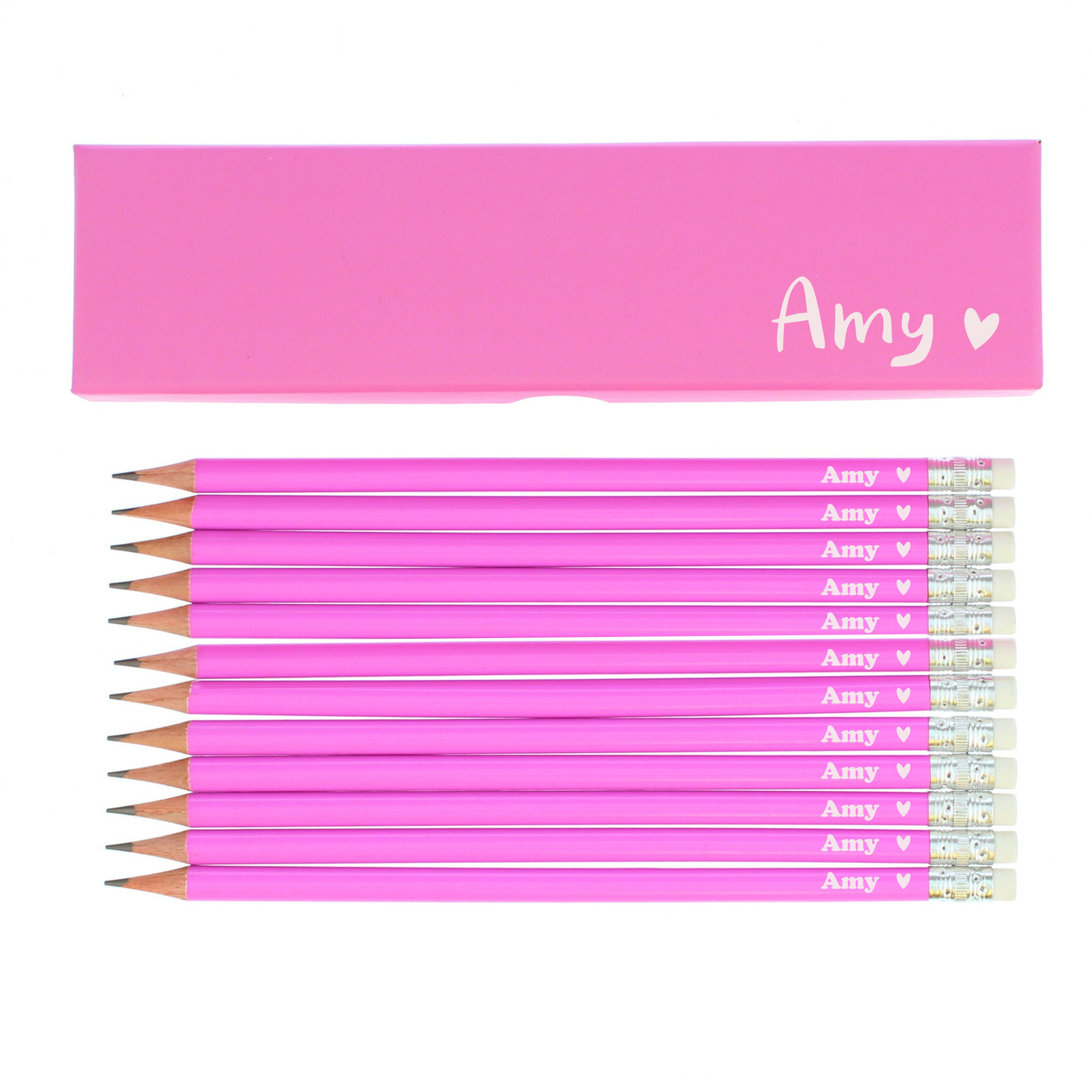 Personalized Box of 12 HB Pencils, Pink Heart and Name, Pencil with Eraser, Pencils for School Kids, Pink School Pencils Writing Pencils