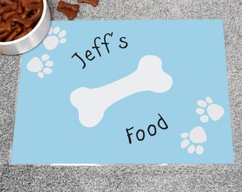 Personalised Blue Paw Print Dog Pet Bowl Mat 42cm x 30cm