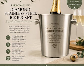 Personalised Diamond Stainless Steel Ice Bucket | Custom Champagne Bucket | Wedding Gift | New Home Gift | Personalised Drinks Cooler
