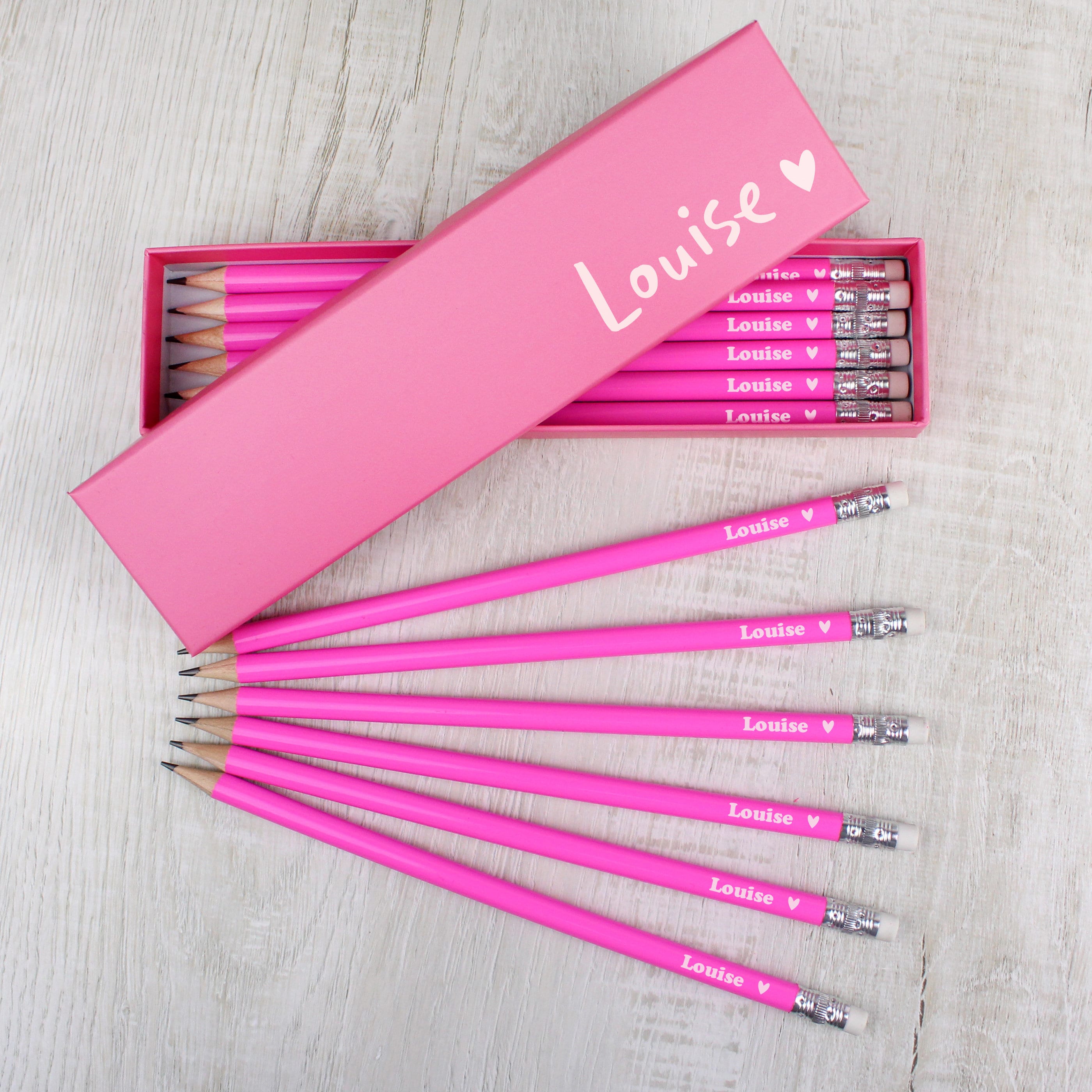 Personalized Box of 12 HB Pencils, Pink Heart and Name, Pencil with Eraser, Pencils for School Kids, Pink School Pencils Writing Pencils