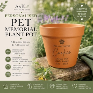 May include: A terracotta plant pot featuring an engraved paw print and the text Forever Loved Cookie Always Our Little Puppy 2011-2024. The pot is displayed alongside promotional text detailing its use as a personalized pet memorial gift.