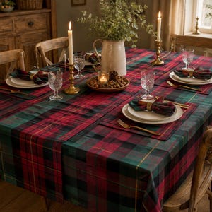 Puede incluir: Una mesa de comedor rectangular cubierta con un mantel de cuadros rojos, verdes y negros. La mesa está puesta con platos blancos, vasos transparentes texturizados, tenedores dorados y servilletas a cuadros con anillos dorados, además de velas y un jarrón central.