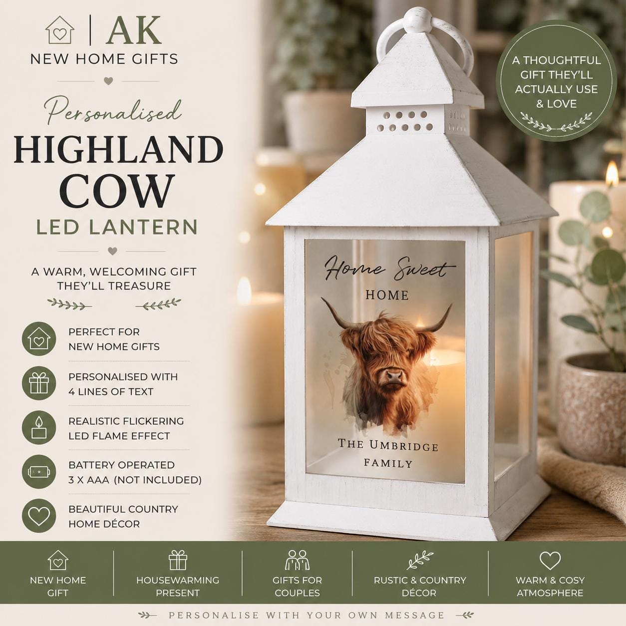 Personalised Highland Cow LED Lantern