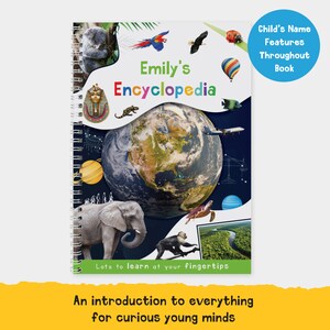 May include: A colorful book cover with a globe, animals, and the text "Emily's Encyclopedia". The book is designed for children and features lots of information about the world.