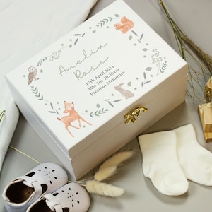 Caja de memoria de recuerdo de madera de animales del bosque personalizada - Regalo de Navidad - Regalo de recién nacido - Regalo de cumpleaños - Regalo de 1er cumpleaños