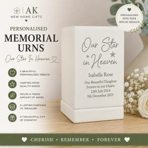 Op de afbeelding: Een witte rechthoekige houten urn met de gegraveerde tekst Our Star in Heaven, Isabella Rose, Our Beautiful Daughter, Forever in our Hearts, 12th July 2014 en 9th December 2025. De urn heeft een voetstuk en een gladde, matte afwerking.