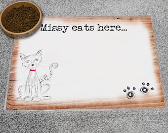 Personalised Scribble Cat Pet Bowl Mat 42cm x 30cm