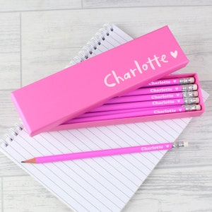 Personalise Box of 12 HB Pencils - Pink Heart and Name - Pencil with Eraser - Pencils for School Kids - Pink School Pencils Writing Pencils