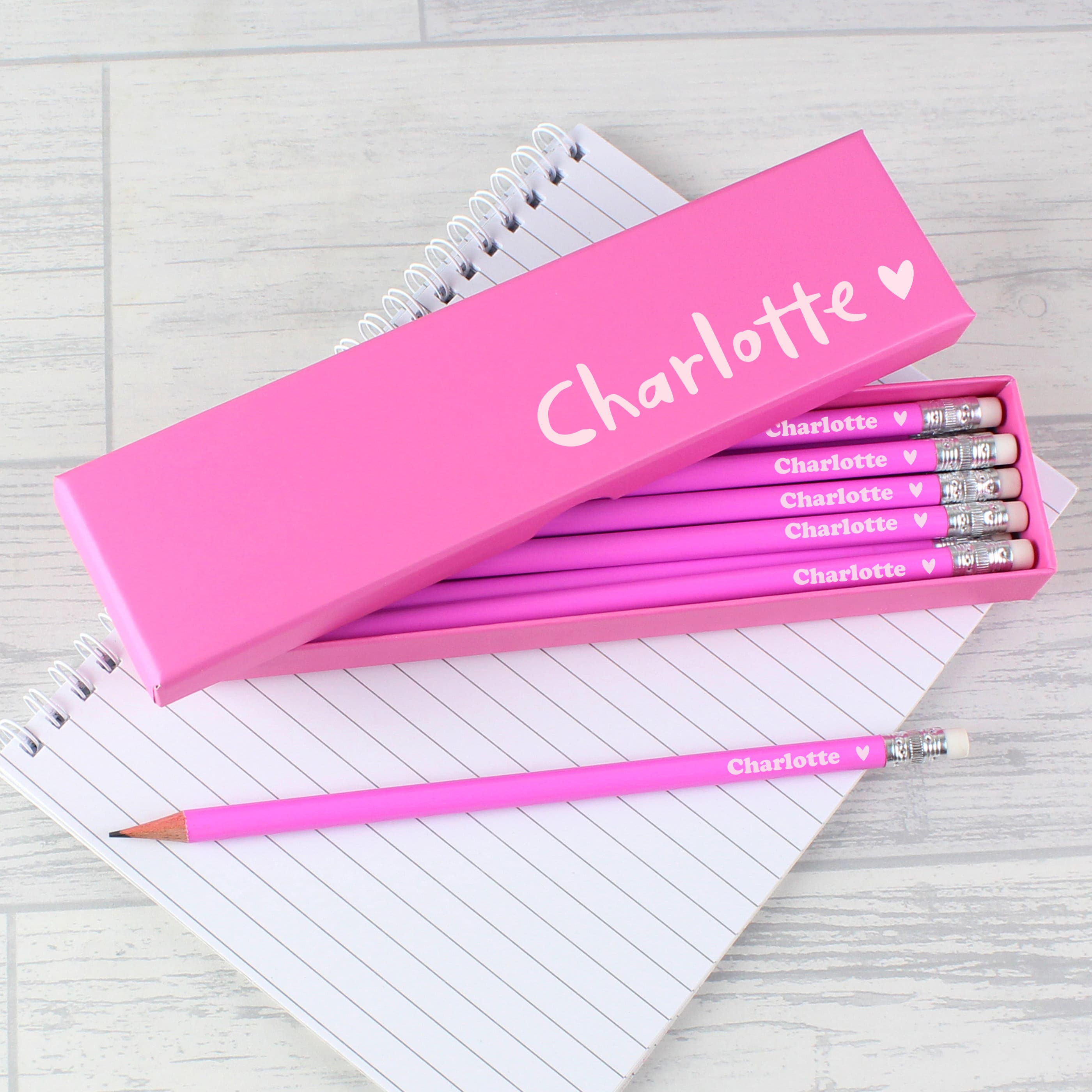 Personalized Box of 12 HB Pencils, Pink Heart and Name, Pencil with Eraser, Pencils for School Kids, Pink School Pencils Writing Pencils