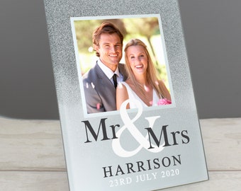 Personalised Mr & Mrs 4x4 Glitter Glass Photo Frame - Wedding, Birthday, Couples Anniversary Gift