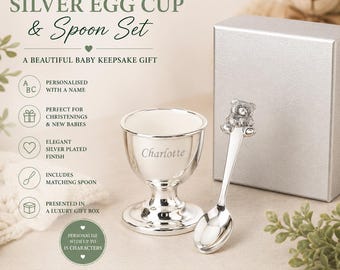 Personalised Silver Egg Cup & Spoon Set | Baby Christening Gift | New Baby Keepsake | Engraved Egg Cup | First Birthday Gift