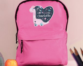 Personalisierter rosafarbener Schulsportrucksack - rosa Dinosaurier Design - Perfekter Mädchen, Jungen zurück zu Schulrucksack, Campingtasche