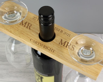 Personalised Married Couple Wine Glass & Bottle Holder - Perfect Wedding, Anniversary, Couples Gift
