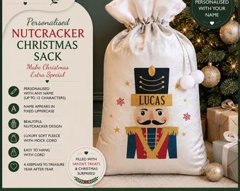 Personalised Nutcracker Christmas Sack, Custom Name Santa Sack, Luxury Fleece Christmas Gift Sack, Nutcracker Xmas Gift, Kids Stocking