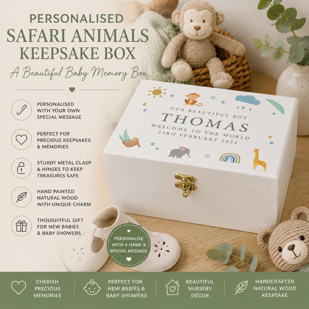 Personalised Safari Animals Keepsake Box | Baby Memory Box | Nursery ...