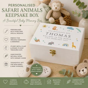 May include: A white keepsake box with a gold clasp, personalised with the name "Thomas" and the date "23rd February 2022". The box is decorated with safari animal illustrations and the text "Our Beautiful Boy".