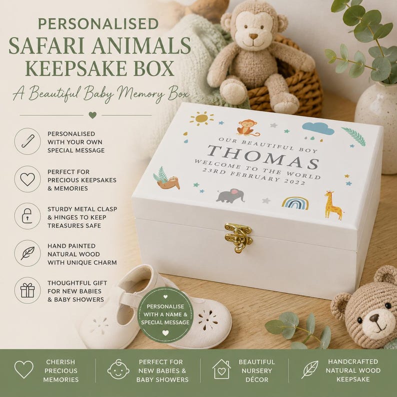 May include: A white keepsake box with a gold clasp, personalized with the name "Thomas" and the date "23rd February 2022". The box is decorated with safari animal illustrations and the text "Our Beautiful Boy".