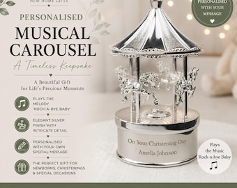 Carrousel musical personnalisé | Souvenir de bébé en argent | Nouveau cadeau pour bébé | Cadeau de baptême | Boîte à musique pour chambre d'enfant