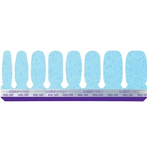May include: Pale blue nail polish strips with a sparkling effect. The strips are in a row, with the brand name "colorSTREET" and the words "PEEL OFF" printed on the bottom. The background is white.