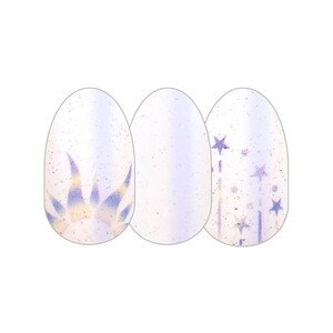 Puede incluir: Tres envolturas de uñas ovaladas blancas con diferentes diseños. La primera envoltura tiene un diseño de sol radiante morado y amarillo. La segunda envoltura es blanca lisa. La tercera envoltura tiene un fondo blanco con un diseño de sol radiante morado.