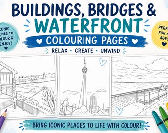 Printable buildings, bridges and waterfront colouring pages for adults, digital download colouring book