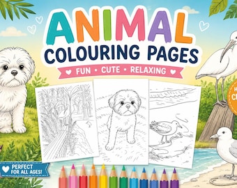 Printable Animal Colouring Pages for Kids, Cute Animals Colouring Book, Instant Digital Download PDF, Toddler Activity Sheets