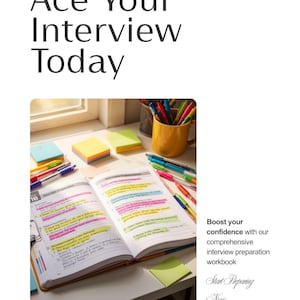 Op de afbeelding: Een open notitieboek met gemarkeerde tekst, pennen en plaknotities op een bureau. De tekst luidt "Ace Your Interview Today" en "Boost your confidence with our comprehensive interview preparation workbook."