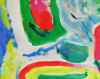 Schwimmende Inseln - Acryl abstrakte Malerei auf Papier rot blau gelb rosa grün