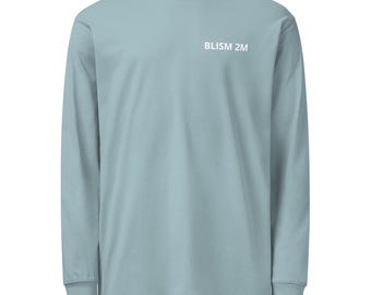 May include: A long-sleeve crew neck t-shirt in a muted dusty blue color. The shirt features the text BLISM 2M printed in white on the upper right chest area. The garment has a standard fit with ribbed cuffs at the end of each long sleeve.