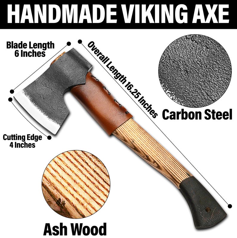 Hache Viking En Acier Au Carbone Forgée Main - Manche Bois 50cm - Idéal Camping/outdoor