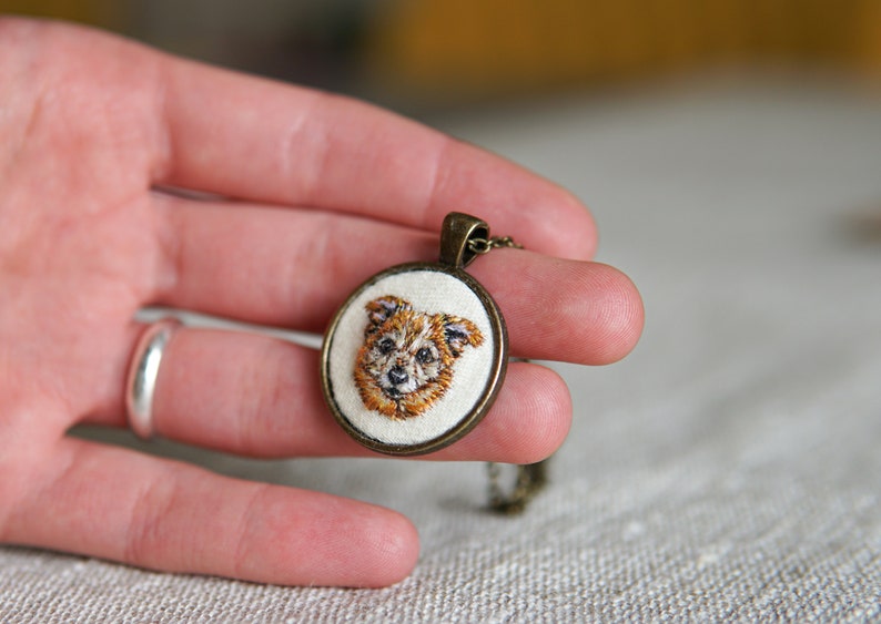 Custom pet portrait embroidery, personolised gift, pendant necklace with hand embroidery, pet lover gift, thread painting, animal art image 9