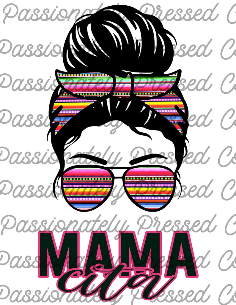 May include: A black and white illustration of a woman with a messy bun, wearing sunglasses and a colorful headband. The text "MAMA cita" is below the illustration.