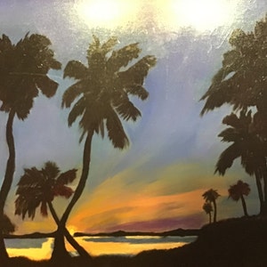 Southern Bay Sunset, oil on canvas, art, landscape, hand painted, sunset, colorful,