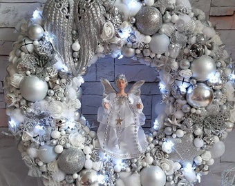 guirlanda de natal iluminada, guirlanda de anjo de natal com luzes, guirlanda de porta de anjo, guirlanda de luxo elegante, guirlanda de férias, guirlanda de inverno