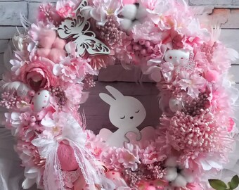 easter wreath, easter bunny wreath decor, cherry blossom spring wreath, pink spring decor, luxury decor