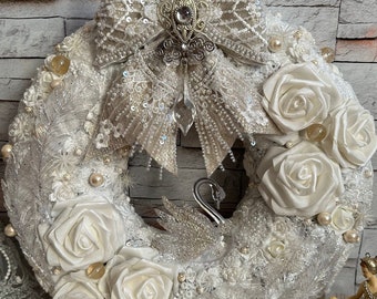 shabby chic wreath, victorian wreath, swan wreath, vintage lace wreath, wedding wreath, shabby chic victorian decor