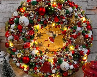 Guirlanda de Natal iluminada: Fada na Lua, decoração de porta natalina vermelha e verde