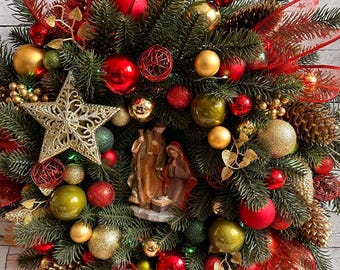 guirlanda de natal iluminada para porta da frente, guirlanda religiosa de natal para feriado de inverno vermelha e verde