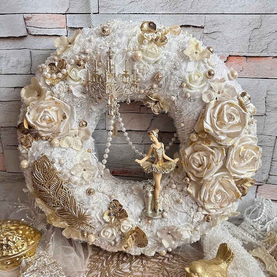 アンティーク雑貨 Shabby Chic Floral Wreath Handmade Shabby Chic Victorian Wreath: Lace, Pearls, Beads - Etsy