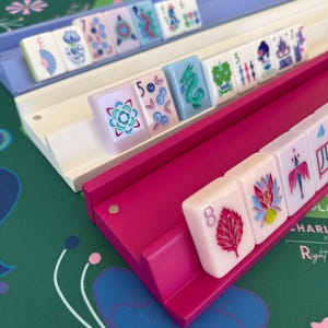 Wooden Mahjong racks & magnetic pushers; White mahjong racks Magenta mahjong wooden racks; magnetic