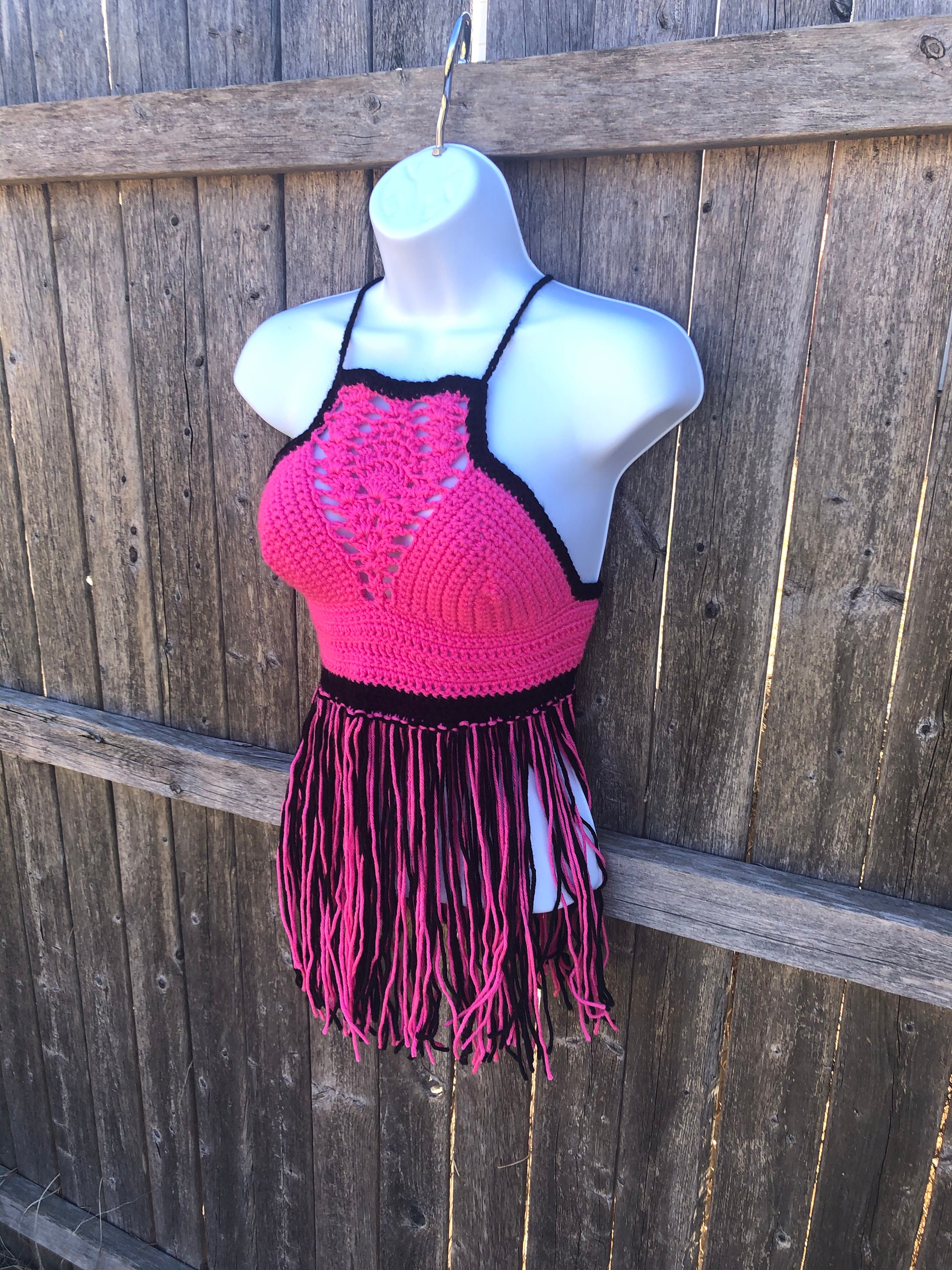 Crochet Fringe Halter Top Handmade Halter Top Black and Pink Etsy UK