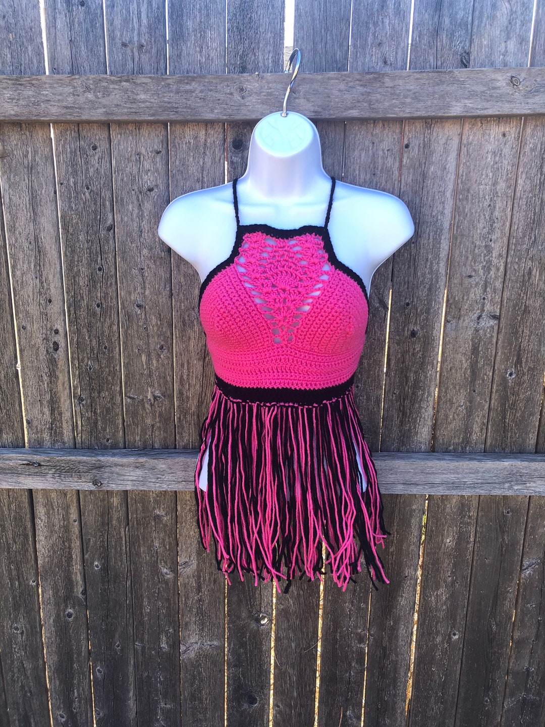 Crochet Fringe Halter Top Handmade Halter Top Black and Pink Etsy UK