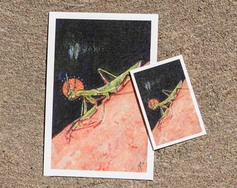 カマキリ絵水彩インク虹色グリーンウォールアートバグレインボー昆虫