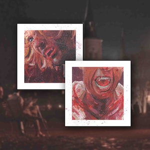 May include: Two framed paintings of close-up portraits of people with red paint splattered on the white frames. The person in the top painting is a woman with blonde hair and a red mouth. The person in the bottom painting is a man with a red mouth screaming.