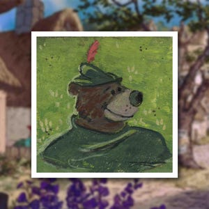 May include: A cartoon illustration of a brown bear wearing a green hat with a red feather. The bear is wearing a green and brown outfit and has a friendly expression.