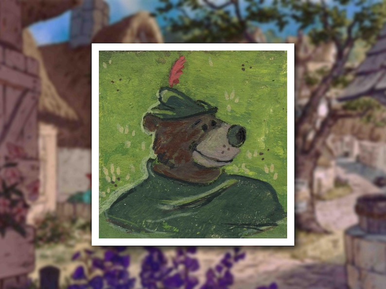 May include: A cartoon illustration of a brown bear wearing a green hat with a red feather. The bear is wearing a green and brown outfit and has a friendly expression.
