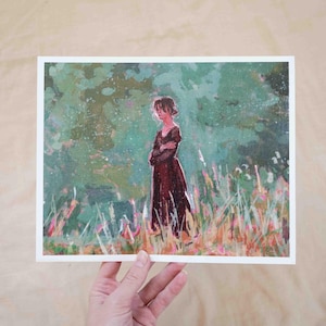 May include: A print depicting a woman in a field, created in a painterly style. The woman wears a dark red dress, set against a backdrop of green and blue tones with hints of pink and yellow.