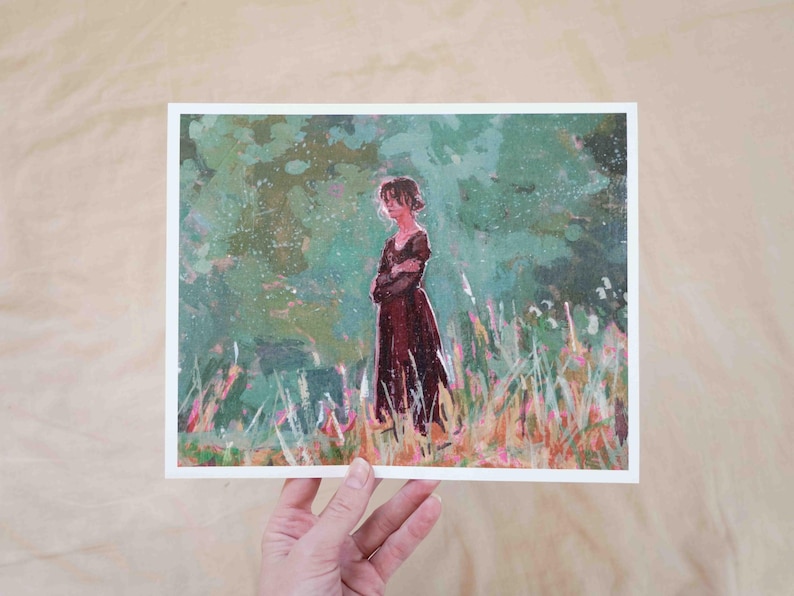 May include: A print depicting a woman in a field, created in a painterly style. The woman wears a dark red dress, set against a backdrop of green and blue tones with hints of pink and yellow.
