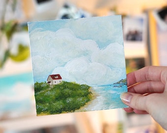 White Cottage by the Sea Print-Original Tiny Paining, Miniature Art, Original Watercolor, Original Art, Gouache Painting